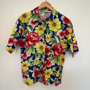 ✅ Koret vintage medium cotton tropical floral button short sleeve collar top